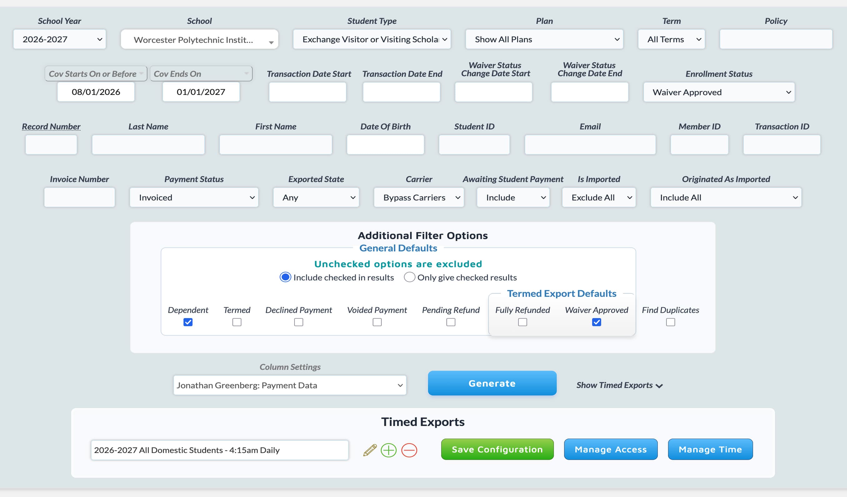 Student health insurance enrollment platform interface