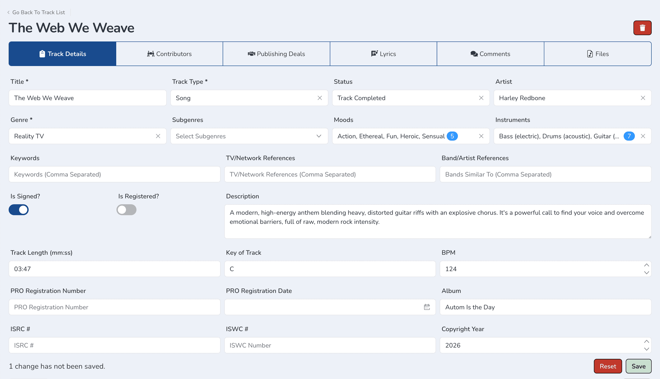 Composer catalog track details interface